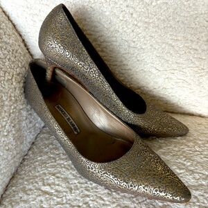 Manolo Blahnik pumps - gold and blue/black subtle tapestry